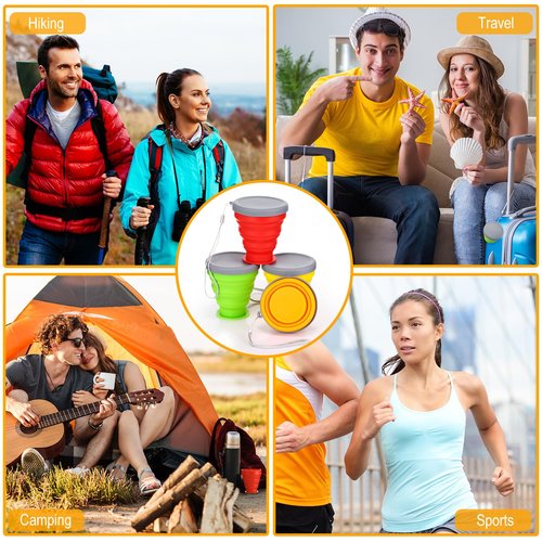 Umigy 9 Pcs 6.8 Oz/ 200 ml Silicone Collapsible Cup with Lid Collapsible Water Bottles Reusable Small Collapsible Travel Cup Portable Drinking Folding Camping Coffee Mugs for Hiking Outdoor Sports