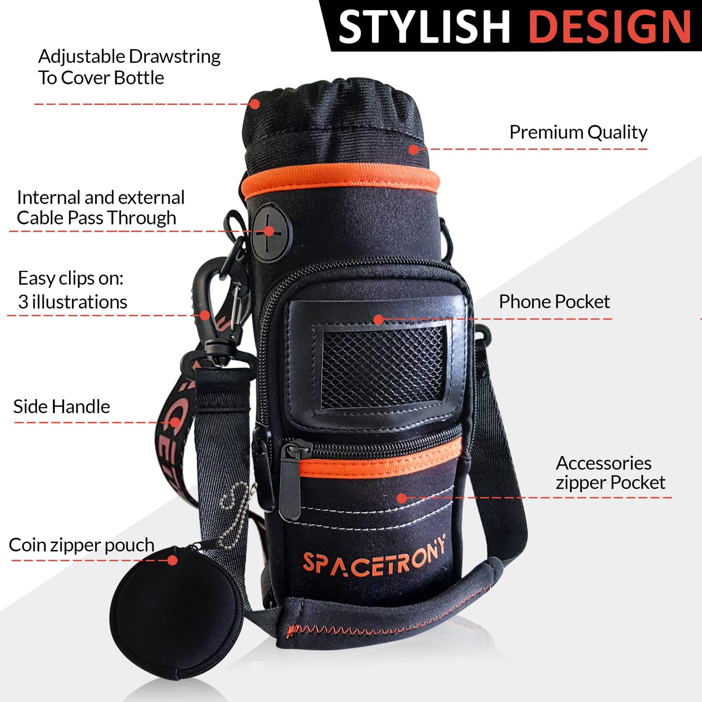 32oz Motivational Water Bottle - Neoprene Water Bottle Sleeve for Running/Hiking - Water Bottle Holder with Straps for Shoulder/Crossbody Pockets for Phone/Keys/Cards, Perfect for outdoor activities.