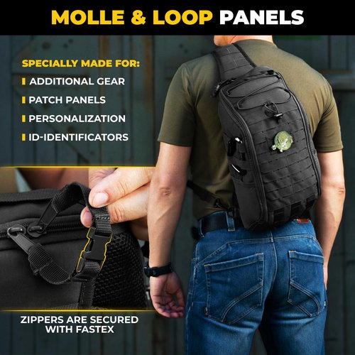 M-Tac 10L Tactical Sling Backpack - Crossbody Medical Sling EMS Bag EDC with Loop Panel for Concealed Carry - Travel, Fishing, Hiking Backpack (Black)