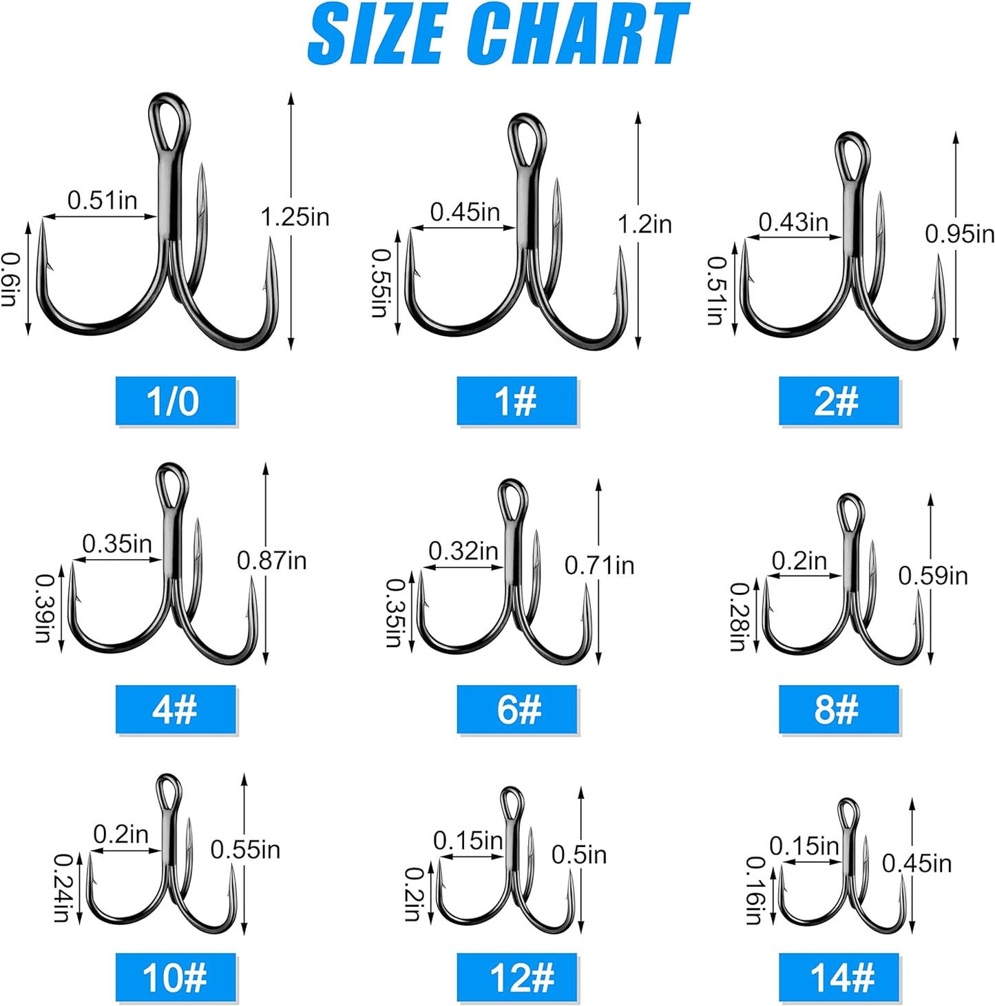 Shaddock Fishing Treble Hooks, Round Bend Short Shank Treble Hooks, High Carbon Steel, Wide Gap for Lures, Baits, Stripe, Trout, Bass, Salmon, Panfish 100/200PCS