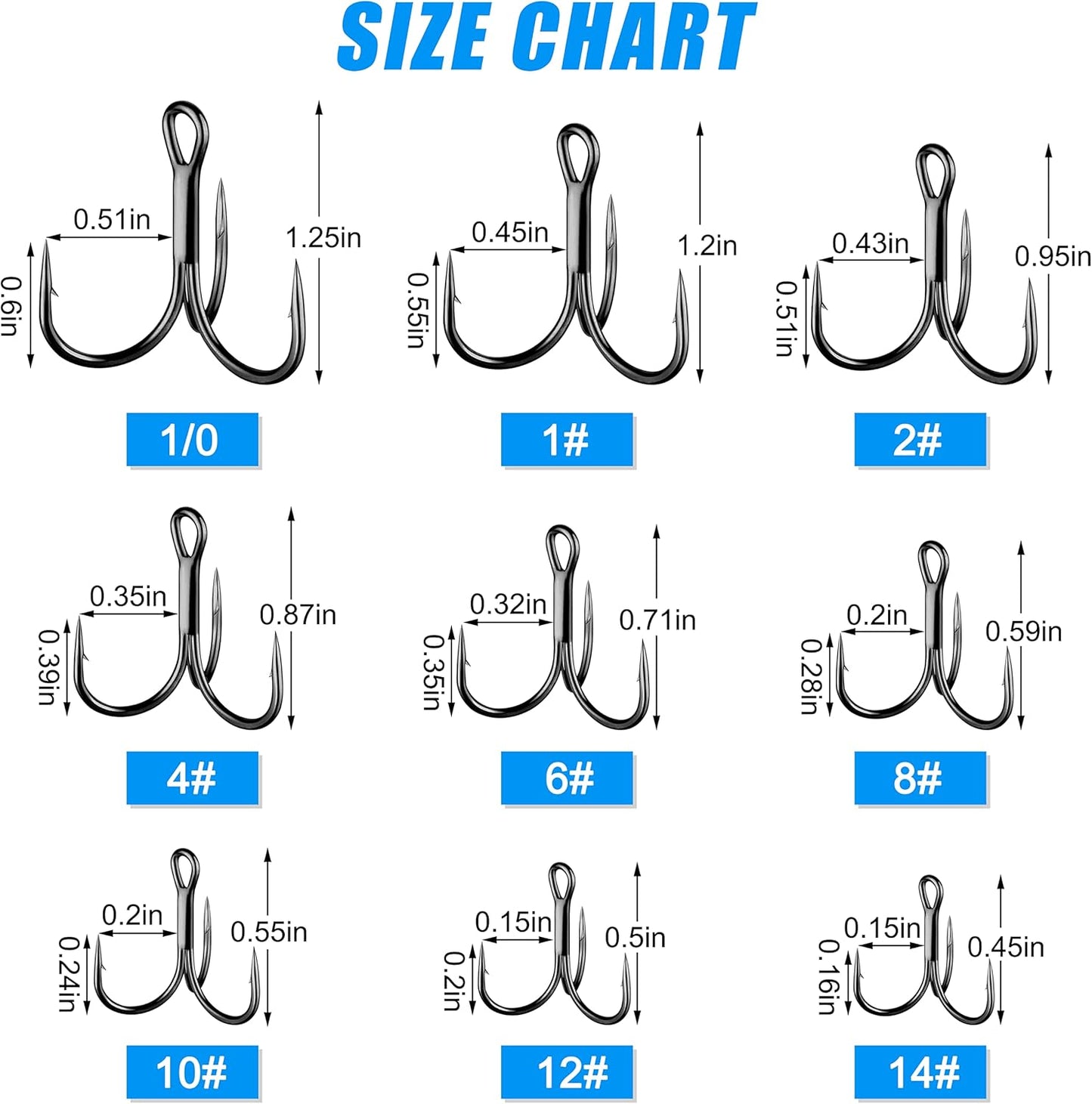 Shaddock Fishing Treble Hooks, Round Bend Short Shank Treble Hooks, High Carbon Steel, Wide Gap for Lures, Baits, Stripe, Trout, Bass, Salmon, Panfish 100/200PCS