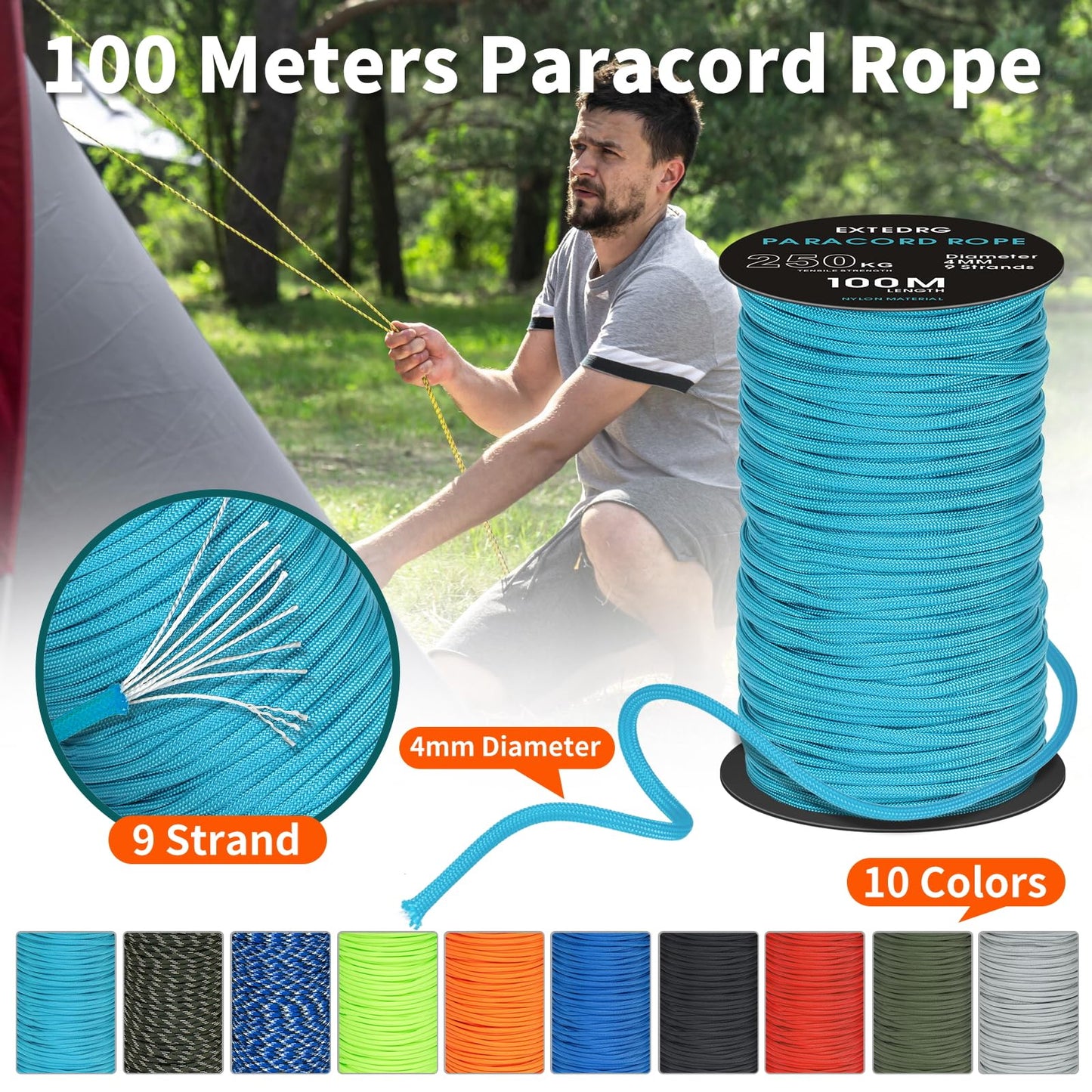 EXTEDRG 100 Meters Paracord Rope 4mm Outdoor Camping Binding Rope (Black)
