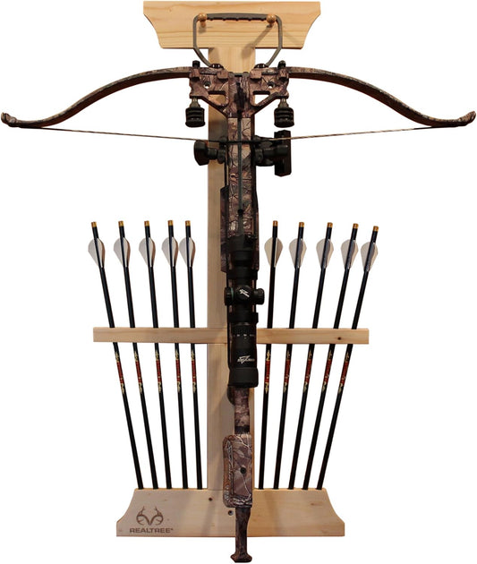 Rush Creek Creations | Wall Mounted Bow and Arrow Display Rack for Hunting and Archery Accessories | Real Tree Crossbow Holder and 10-Arrow Storage | Bow Hanger for 1 Big Crossbow with Arrow Holders