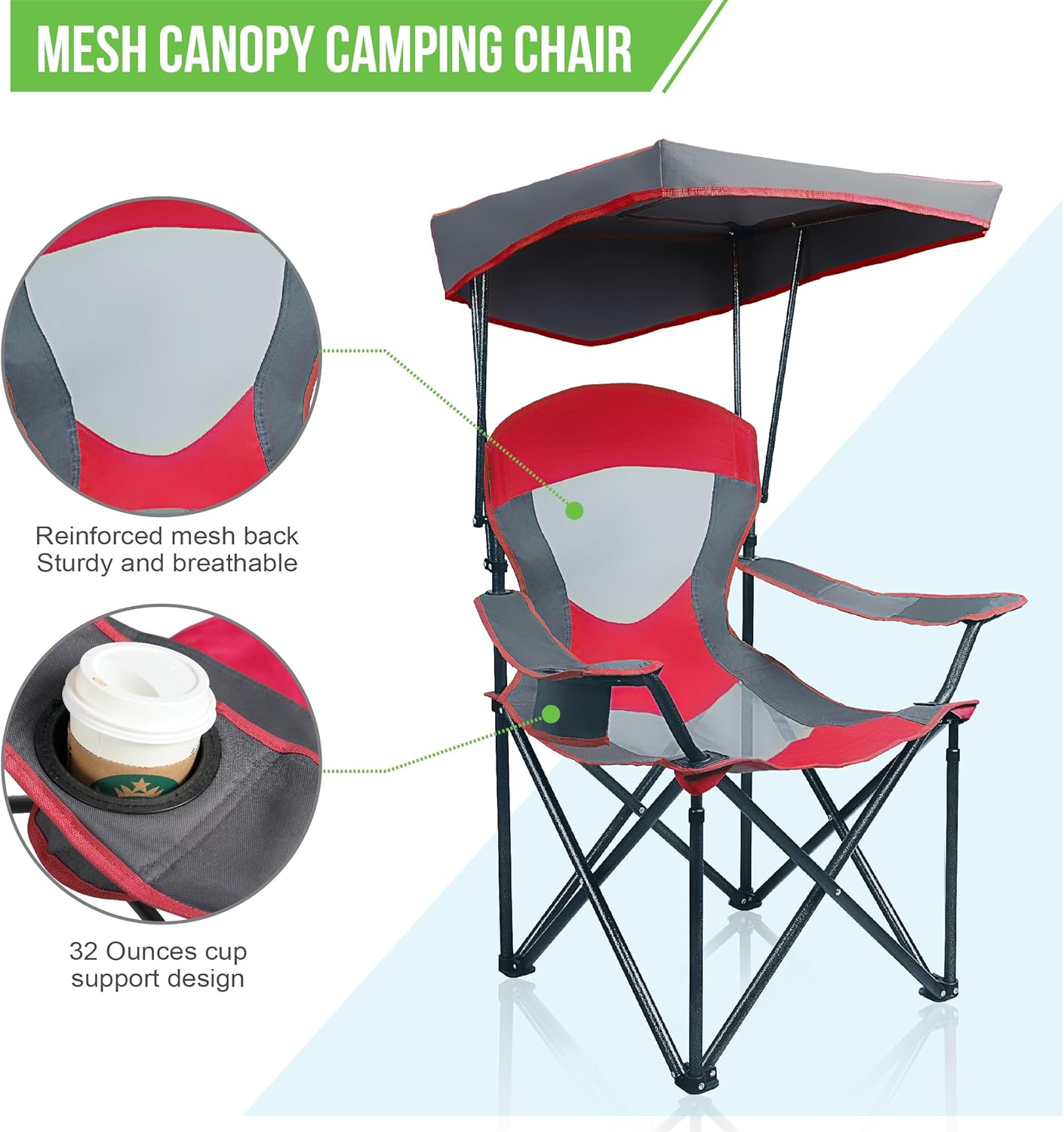 ALPHA CAMP Heavy Duty Canopy Lounge Chair Sunshade Hiking Travel Chair with Cup Holder