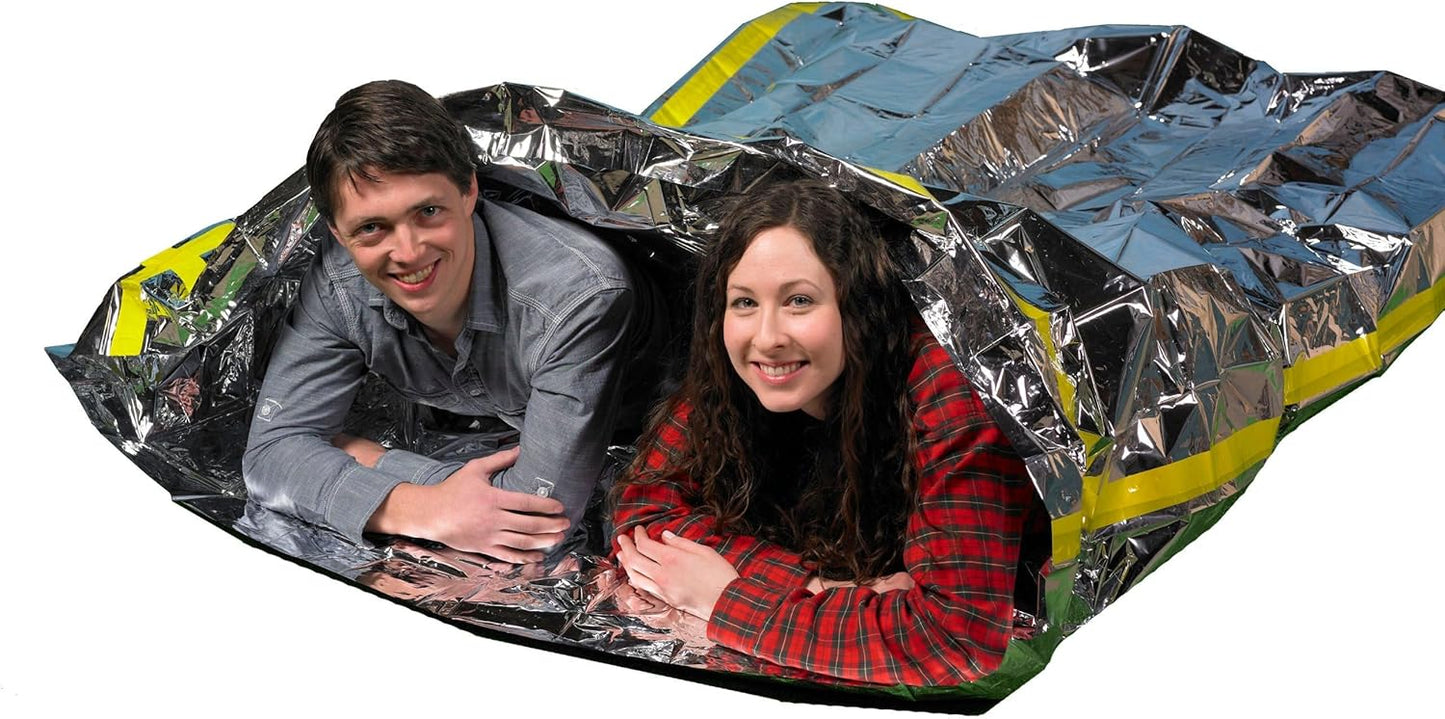 Emergency Thermal Mylar 2 Person Sleeping Bags -Ultra Compact for Camping, Survival, Disaster Bivouac Shelter- Pocket Sized, 7.25ft x 5.25ft - Retains 90% of Body Heat and Repels Wind & Water