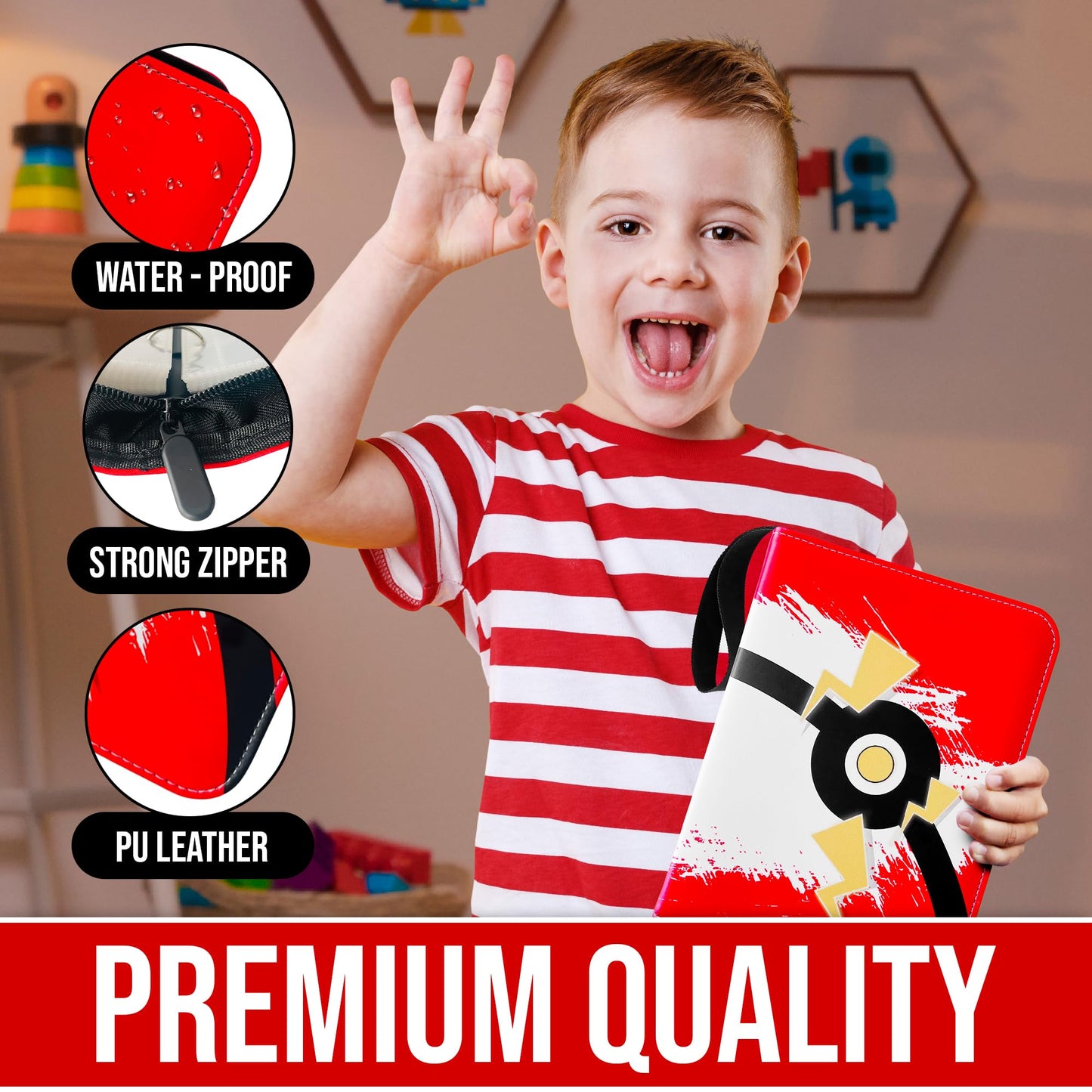 4-Pockets Trading Card Binder PLUS Extra Pack of 100 Sleeves, carries 440 cards in 55 Double sided Pages, FREE Pack of 100 Yellow Sleeves to safely store extra Cards, Premium Zipped PU Leather Cover