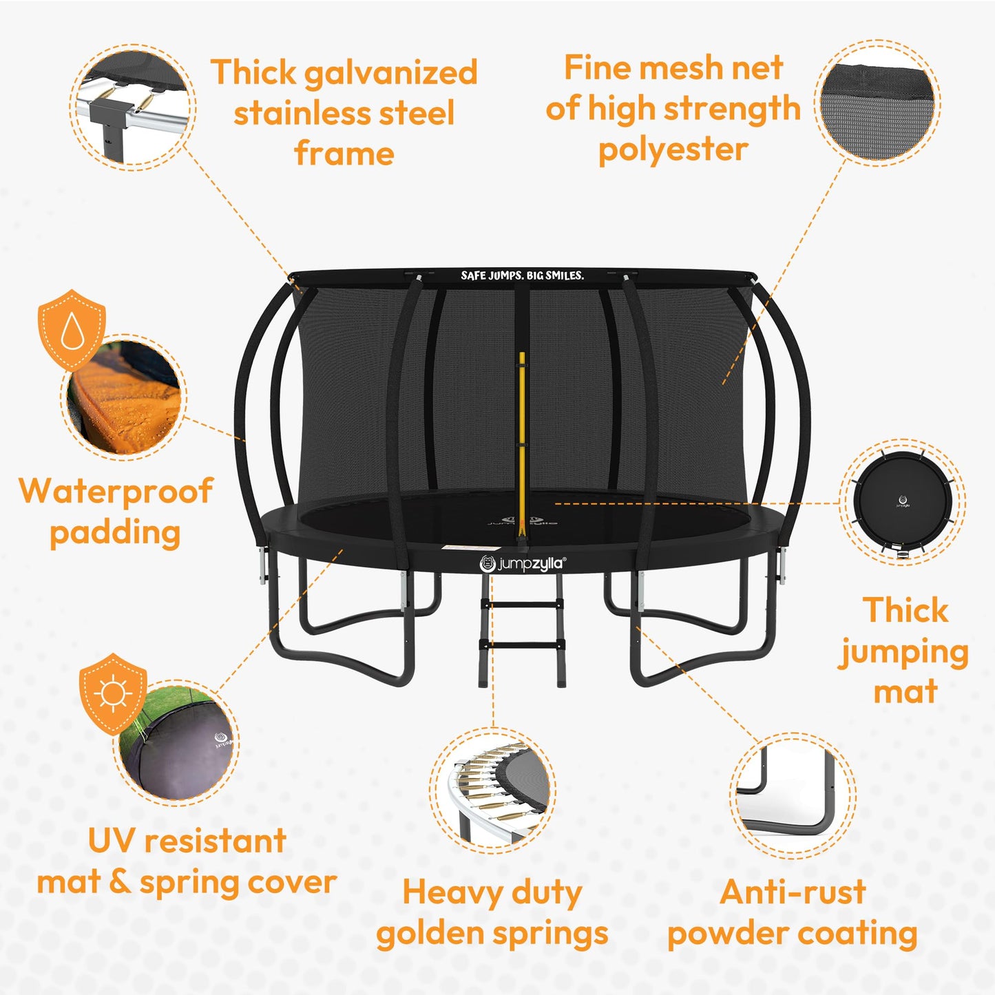 JUMPZYLLA Outdoor Trampoline with Net for Kids 10FT 12FT 14FT 15FT 16FT