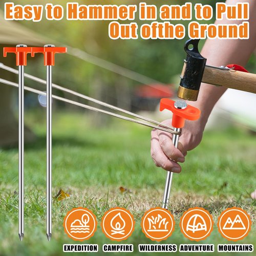 Yihurlm 20 Pack Tent Stakes,10Inch Heavy Duty Ground Stakes,Non-Rust Metal Tent Pegs,Steel Tent Stakes Tent Spikes for Outdoor Camping Garden Camping Family Tent,with 2 Pcs 10FT Ropes(Orange)
