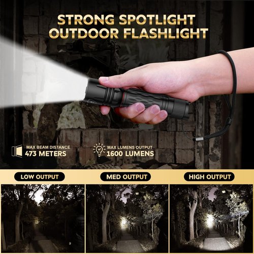 WARRIORLAND 1600 Lumen Tactical Flashlight, Compact Handheld Flashlight with Max Beam Distance 473 Meters, IP68, EDC Flashlight with Rechargeable Battery, Outdoor, Camping and Emergency
