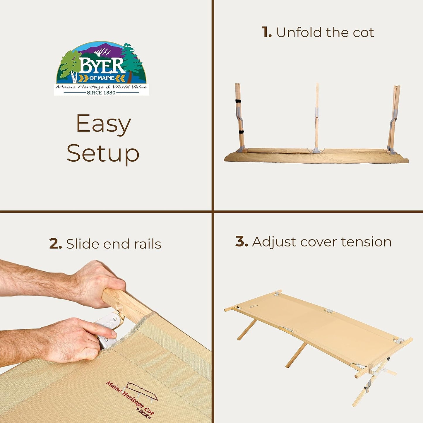 Folding Camping Cot - BYER OF MAINE Maine Heritage, 375 lbs Capacity, Portable & Durable