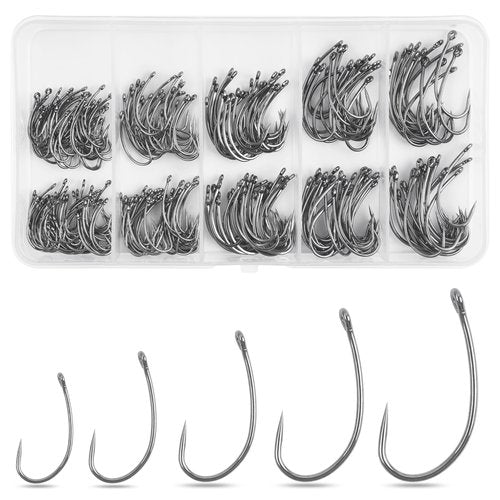 Barbless Fishing Hooks, 250/300pcs Carp Fishing Fly Tying Hooks Trout Circle Curve Shank Crank Carp Hair Bait Rigs for Freshwater Saltwater