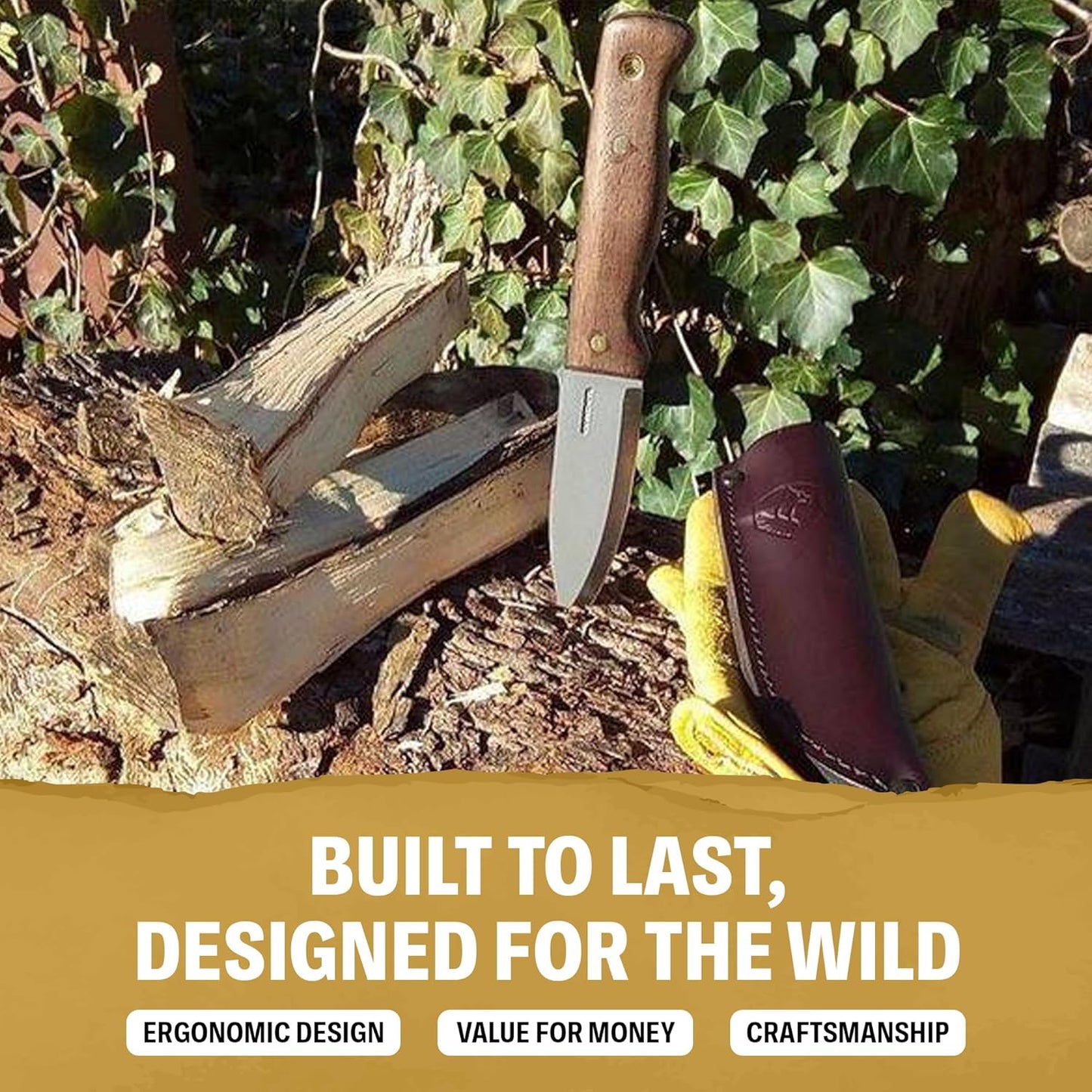 Condor Bushlore Knife - Bushcraft Knife - 1075 High Carbon Steel - Walnut Handle - Scandi Grind - Small Fixed Blade Knives - Hand Crafted Leather Sheath - 3mm Thick - 4.3in Blade - 6.1 oz