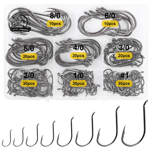 UCEC Fishing Hooks Octopus Hooks Circle Hooks for Saltwater Freshwater High Carbon Steel Offset Fishing Hook for Catfish Trout Fishing Size #1 1/0 2/0 3/0 4/0 5/0 6/0 8/0, 170pcs/box