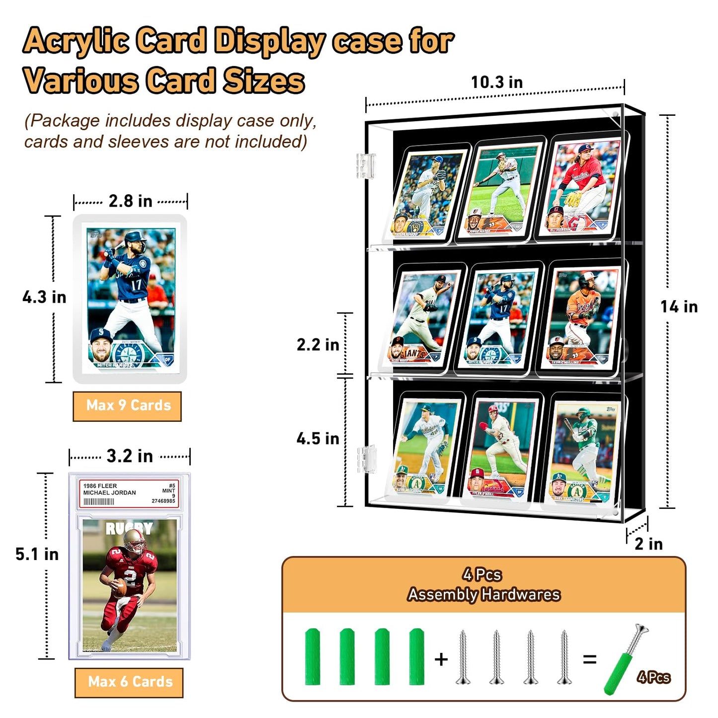 Acrylic Card Display Case ,5 Adjustable Shelves Wall Mount or Tabletop Clear Organizer for Sports Cards, Baseball Championship Rings, Trading Cards, Collectibles, Memorabilia Showcase