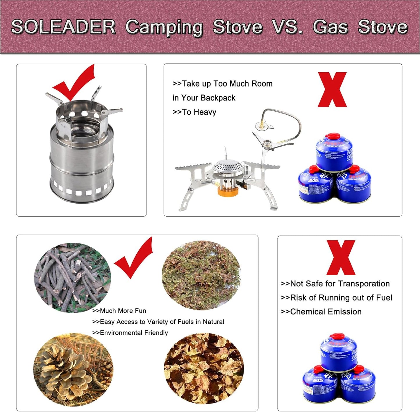SOLEADER Portable Wood Burning Camp Stoves - Stainless Steel Compact Gasifier Stove - Twig Stove For Camping, Hiking, Picnic, BBQ, Backpacking The 3rd Generation