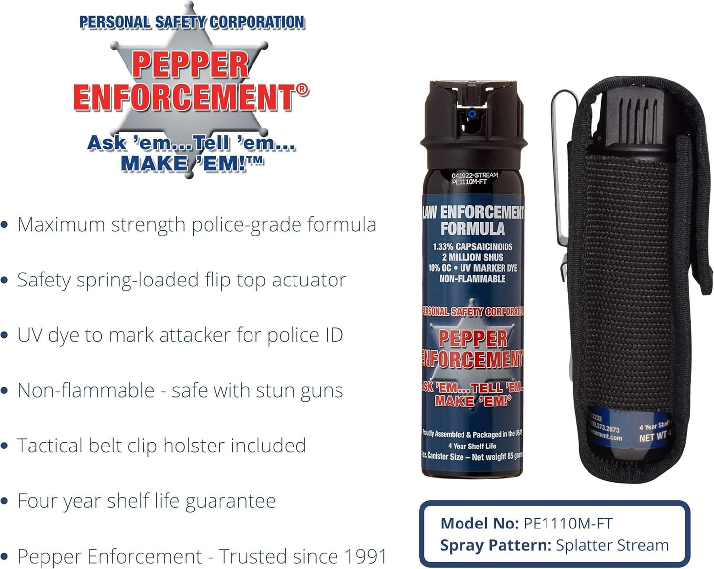 4 oz. Splatter Stream Pepper Spray for Self Defense - Maximum Police Strength 10% OC Formula, Emergency Personal Protection, Flip Top Safety for Quick and Accurate Aim