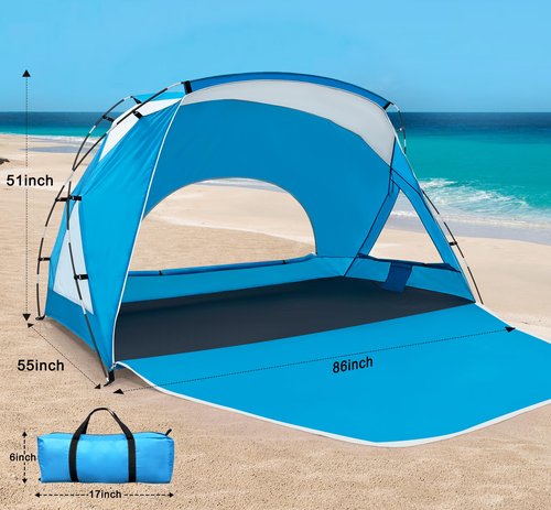 Calen Beach Tent,Beach Canopy Shade Tent with UPF 50+UV Protection for 3-4 Person, Waterproof Portable Easy Setup Beach Sun Shelter Tent for Outdoor Adventures, Camping, and Picnics with Carrying Bag