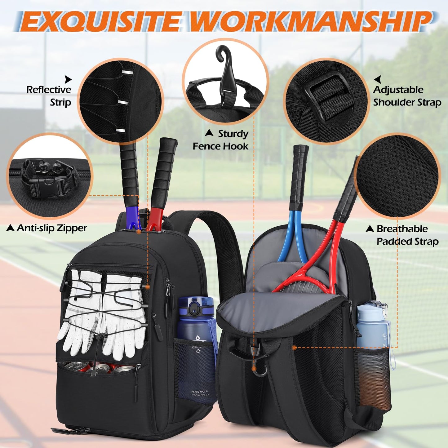 IGOLUMON Tennis Bag Tennis Backpack, Large Tennis Bags for Women and Men Racket Bags Holds 2 Rackets with Insulated Pocket Ventilated Shoe Compartment, for Pickleball, Badminton, Squash,Black