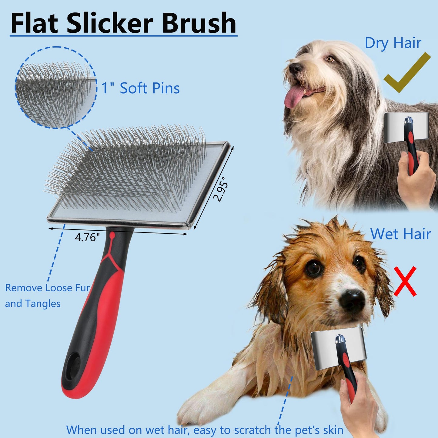 EAFBAO 5-in-1 Dog & Cat Extra Long Pin Grooming Kit Slicker Brush for Large Dogs Cats Remove Loose Fur, Undercoat Brush for Shedding, Dematting Comb & Cleaner for Long Haired Pets