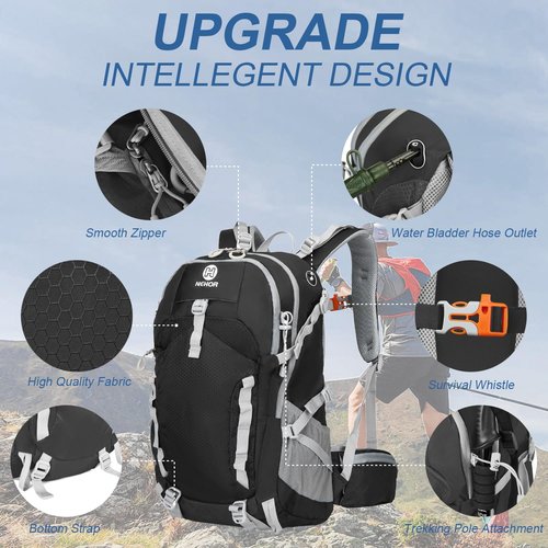 NEHOR Hiking Backpack, 40L Lightweight Camping Backpack with Rain Cover, Water Resistant Large Hiking Bag Outdoor Travel Daypack for Men Women, Black