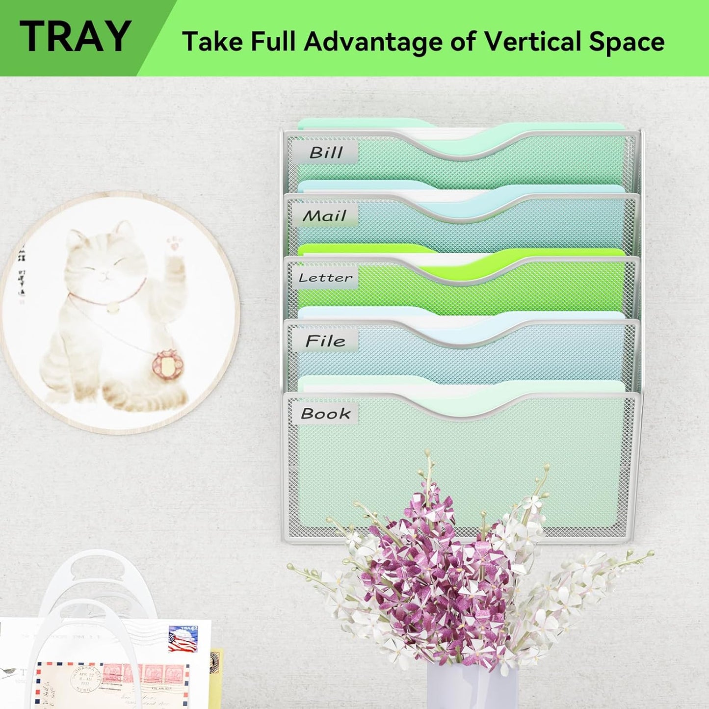 5 Pockets Mesh Hanging Wall File Holder Organizer Wall Mounted Paper Magazine Rack, Black