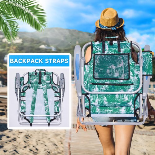 Canpsky 2 Pack Lightweight Portable Camping Beach Chair for Adults, Outdoor Lay Flat Folding Beach Chairs with 4 Positions, Backpack Beach Chair with Towel Bar, Cooler Pouch, Cup Holder, Green Leaves