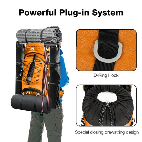Outplea 60L Waterproof Backpacking Hiking Backpack with Rain Cover for Women, Large Camping Backpack, Orange