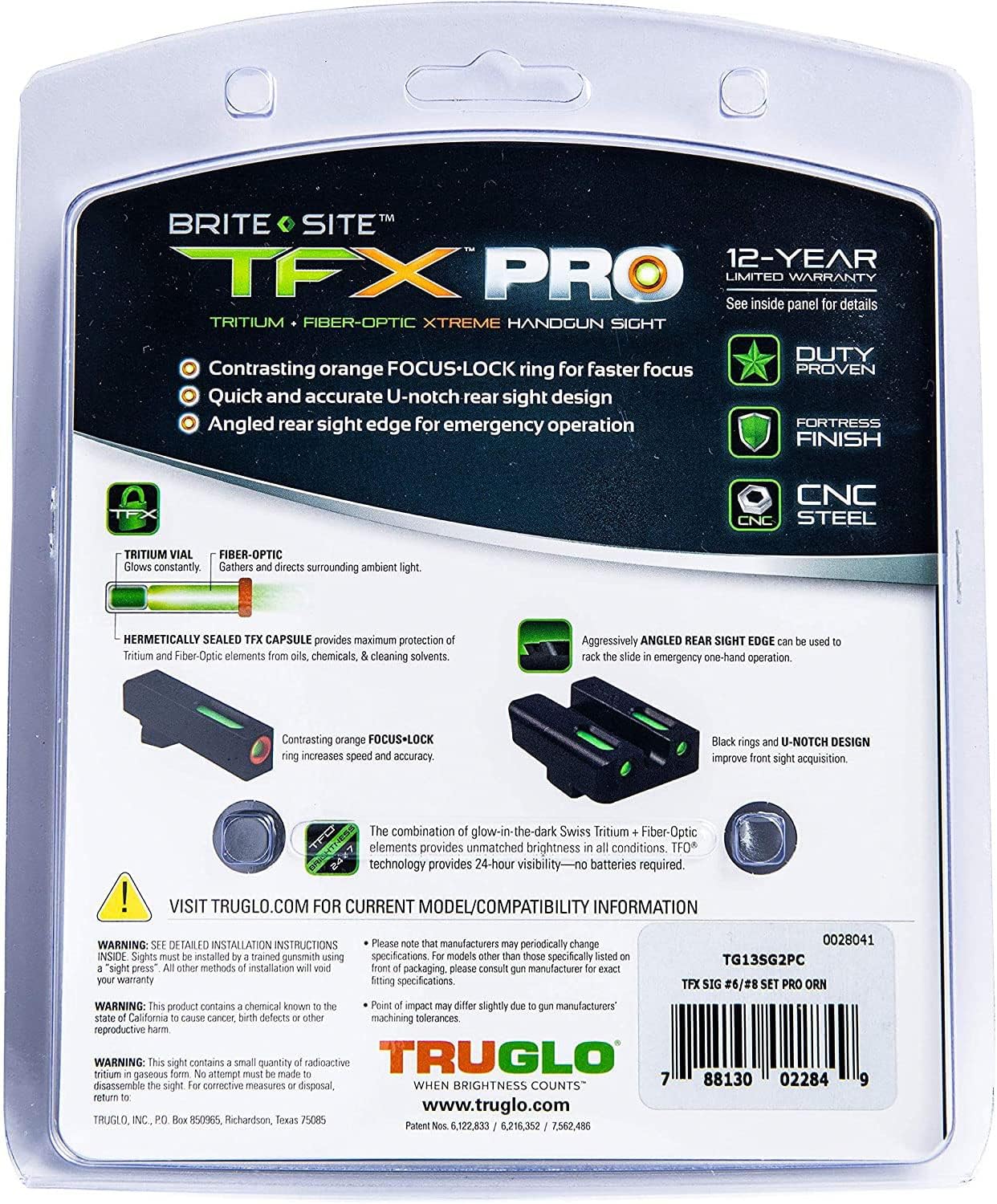 Truglo TFX PRO Night Sight for Handguns - Glowing Tritium & Fiber Optic, Compact & Durable