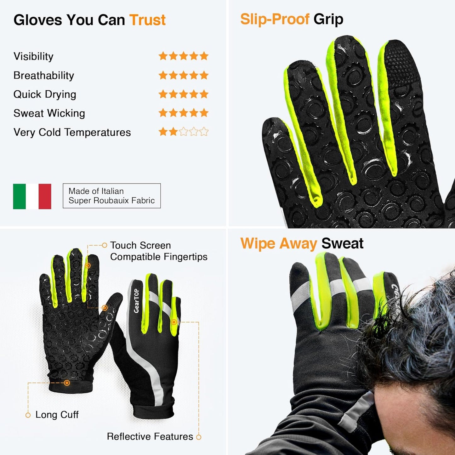 GearTOP Running Gloves for Men & Women, Touchscreen Cold Weather Jogging Gear, Fluorescent Reflective Winter Gloves Visible at Night, Warm Glove Liners for Hiking