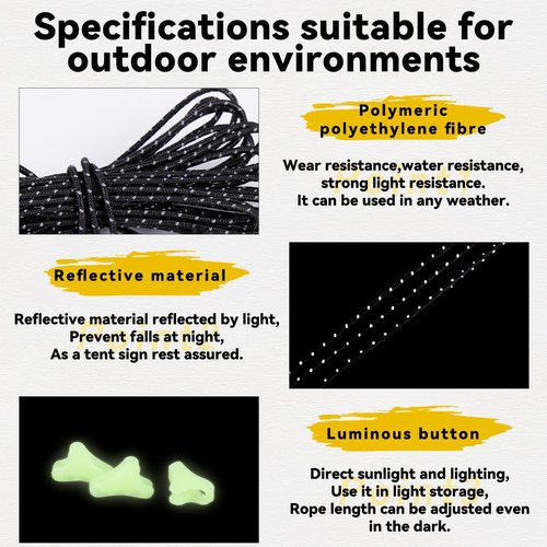 HIKEMAN Ultralight Tent Guy Ropes - 2mm Reflective Guyline,UHMWPE Camping Guide Rope with Luminescent Tensioner for Outdoor Camping Hiking Awning Tents (Black, 4M)