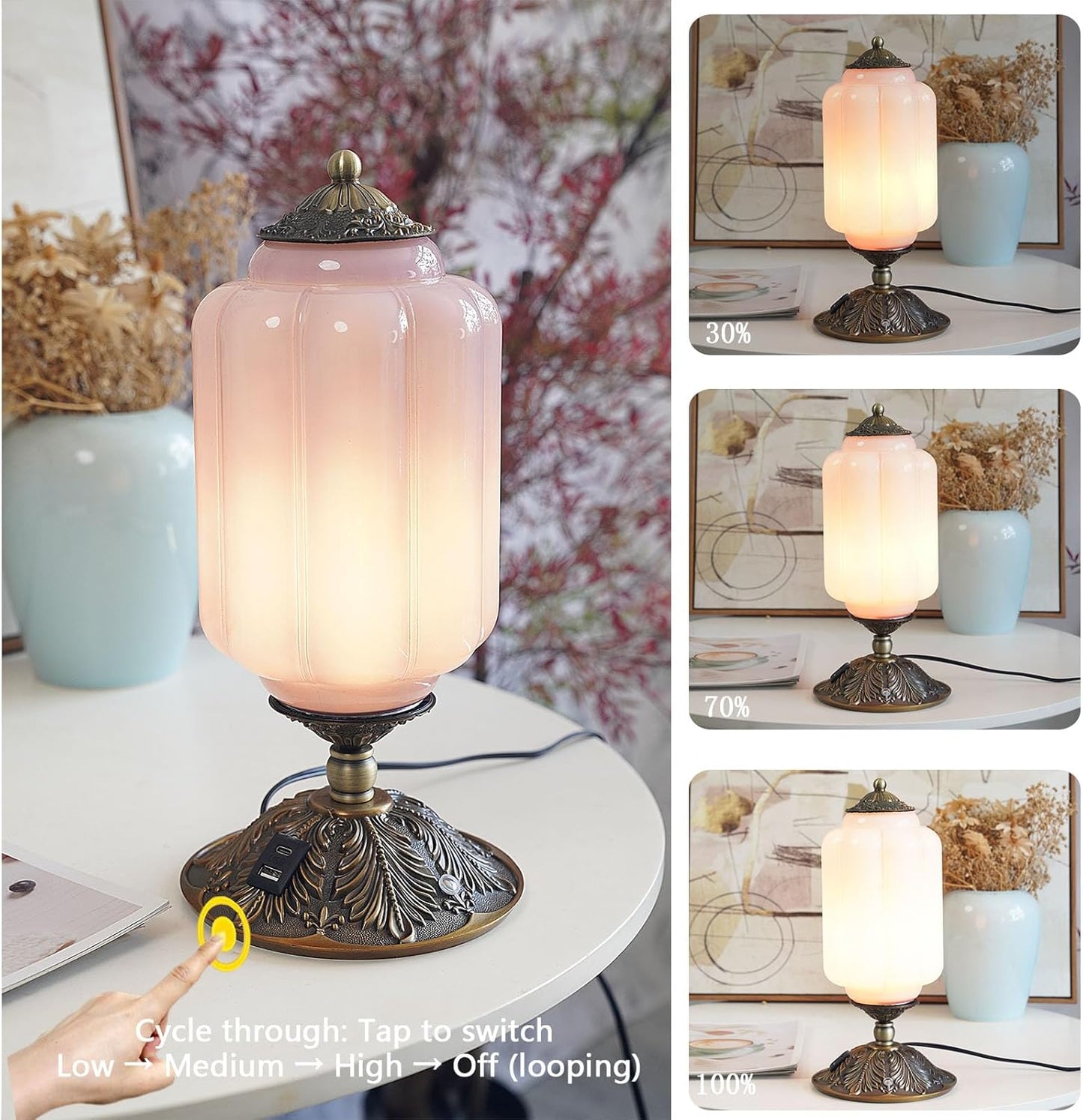 Milk Glass Touch Table Lamp, Elegant Green Jadeite Glass Bedside Desk Lamp 3 Way Dimmable with USB C+A Charging Ports - Bedroom Nightstand & Living Room Essential, 4W Bulb Included (Green, 6.5)
