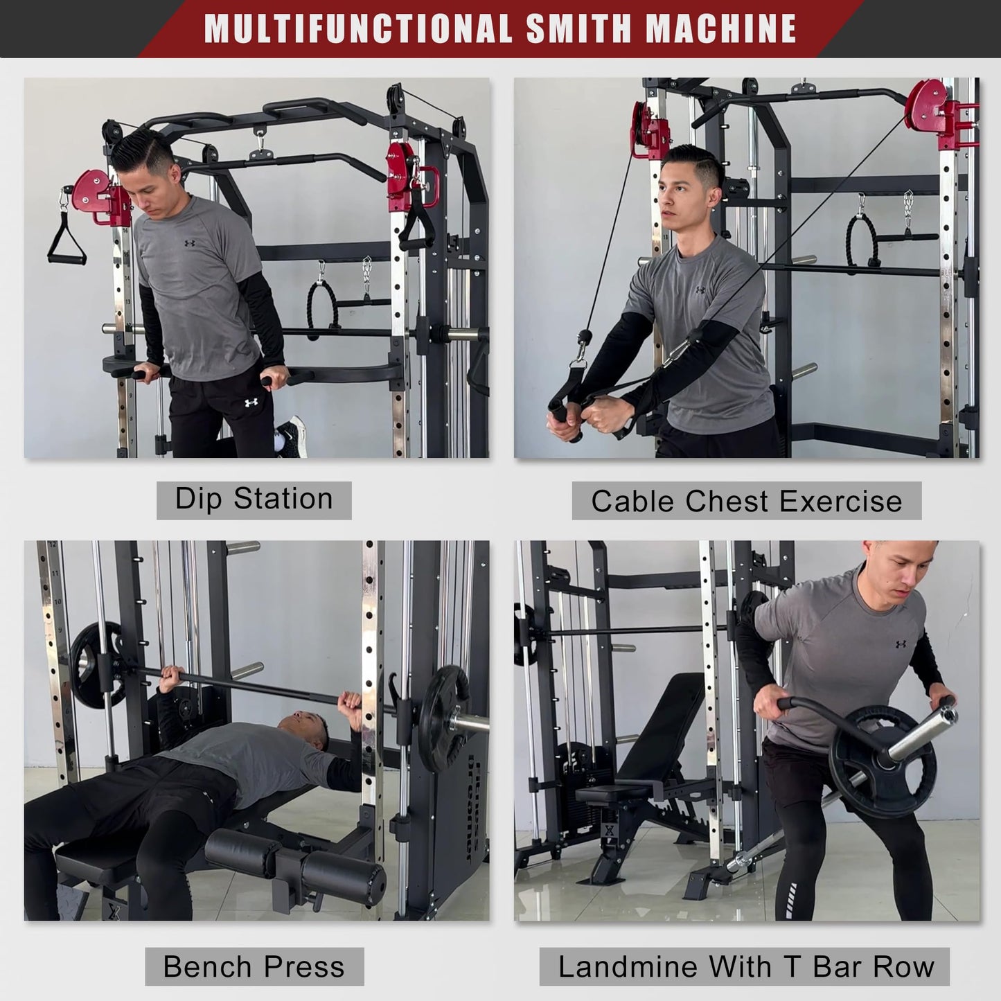 Fitness Dreamer All-in- One Strength Training Smith Cage, Squat Rack, Leg Hold-Down, LAT Pull-Down, 440 lbs Weight Stack for Home Gyms, Red, 86.61″Lx66.93″Wx87.80″H