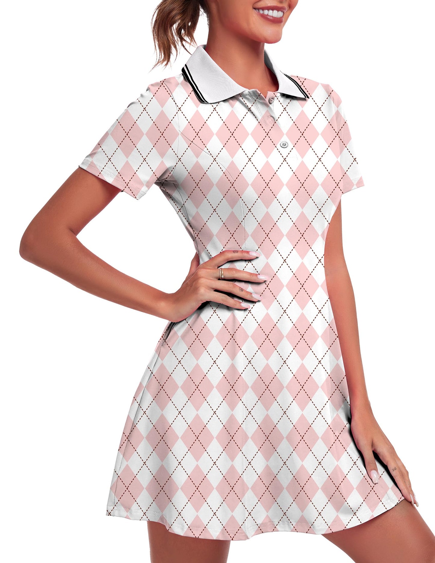 FKEEP Women's Golf Dress Tennis Dresses Workout Athletic Dress with Shorts/Short Sleeve/Pocket (Pink Checkered, S)