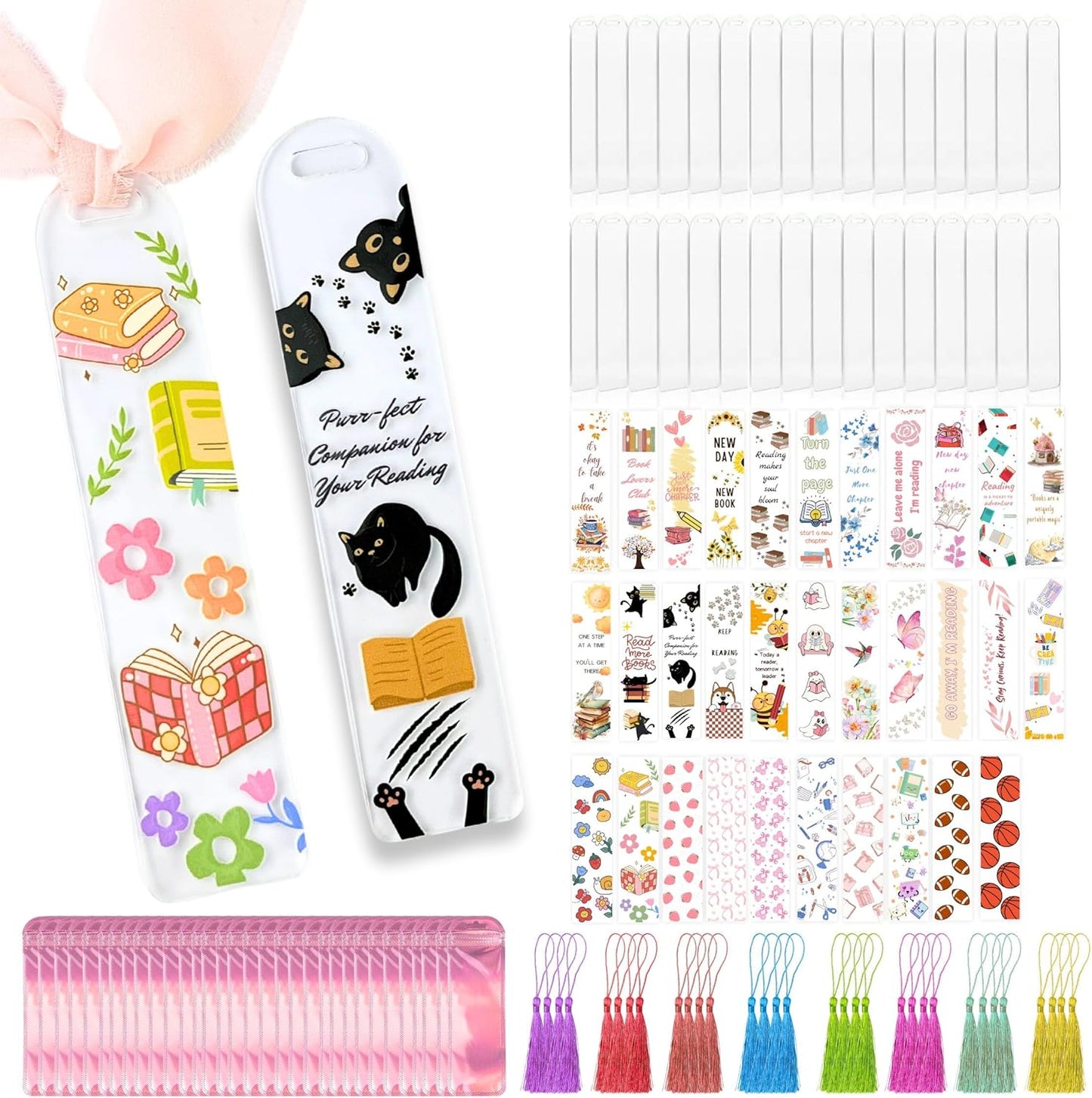 32 PCS Acrylic Bookmark Blanks(1mm Thick),Clear Acrylic Bookmarks with 32 Pcs UV DTF Sticker,32 Pcs Tassel, Suitable for DIY Your Crafts Gifts