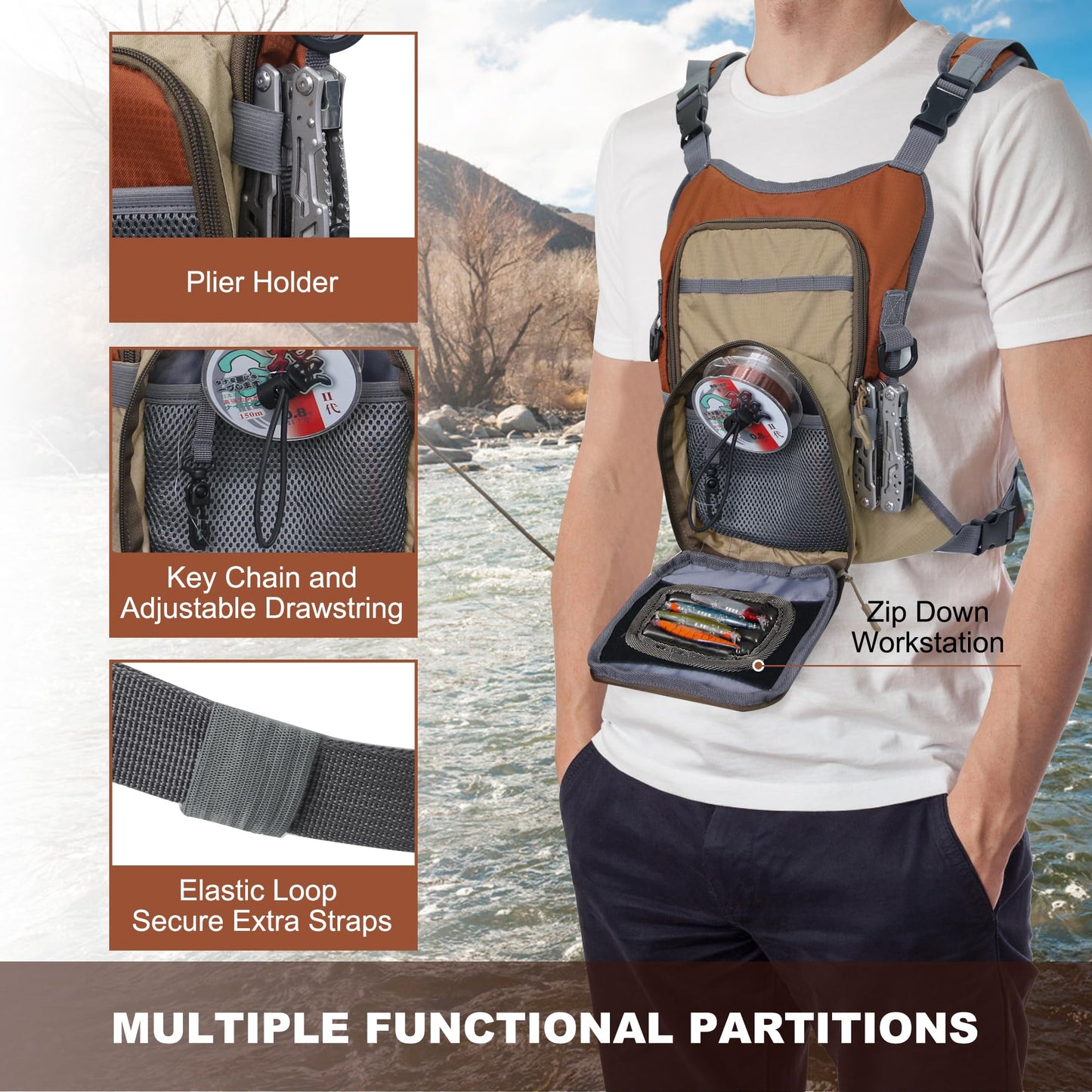 JLDTOP Fly Fishing Chest Pack, Lightweight Fishing Backpack, Fishing Tackle Storage Fits Up to Hold Fly Boxes, Fishing Accessories for Men(Orange + Gray)