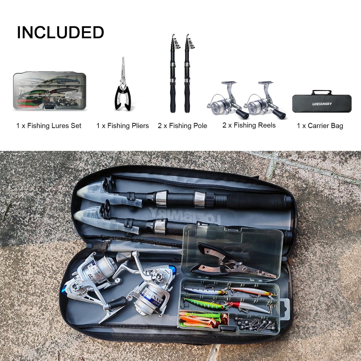 Fishing Rod Reel Combo - 2PCS 6.89ft Collapsible Rods 2PCS Spinning Reels Lures Set Fishing Pliers Carrier Bag for Travel Saltwater Freshwater Fishing Telescopic Fishing Pole Kit