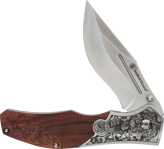 Smith & Wesson Accessories Unwavered Folder Featuring Engraved Rosewood Handle, Drop Point Blade, and 8Cr13MoV Stainless Steel,Brown