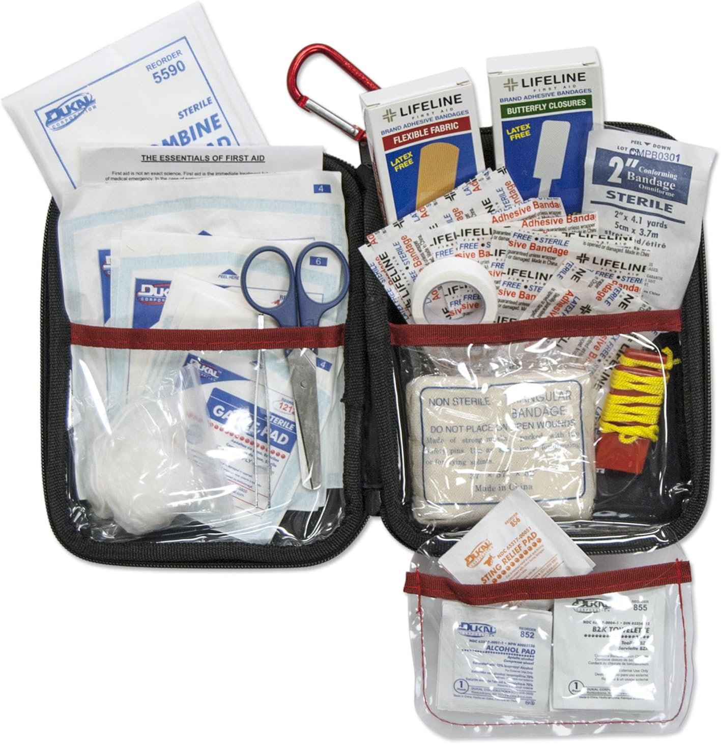 LIFELINE-4180 AAA 121 Piece Road Trip First Aid Kit packaged in compact hard shell foam carry case, ideal for emergency use in cars, camping, hiking, or offices alike- Red