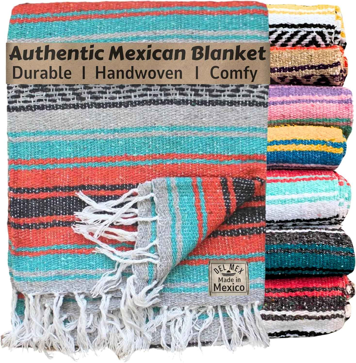 Authentic Del Mex Large Mexican Blanket - Woven Falsa Throw (70"x50") for Beach, Yoga & Outdoor Decor - Pink/Tan