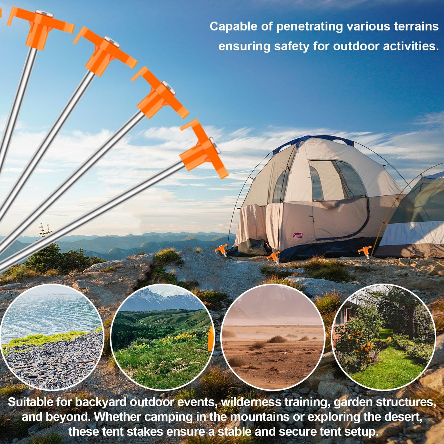 TEOYNGU 10PCS Tent Stakes Heavy Duty Camping Tent Stakes 7Inch Non-Rust Metal Tent Pegs with 10pcs Rubber Protective Sleeve (Orange)