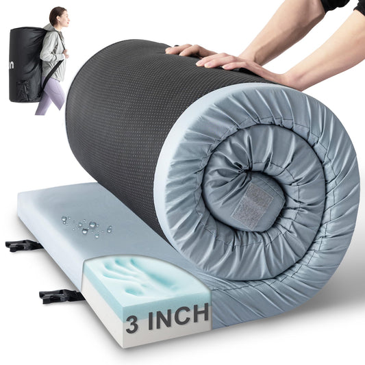 Kingfun Memory Foam Camping Sleeping Pad, CertiPUR-US Camping Mattress Waterproof Roll Up Mattress Guest Bed, Thick Floor Sleeping Mat for Car for Adults with Travel Bag
