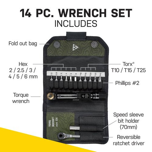 Topeak Torq Rocket Mini DX - 1-6Nm Adjustable Torque Wrench with Ratcheting Head and Multi-Tool Set