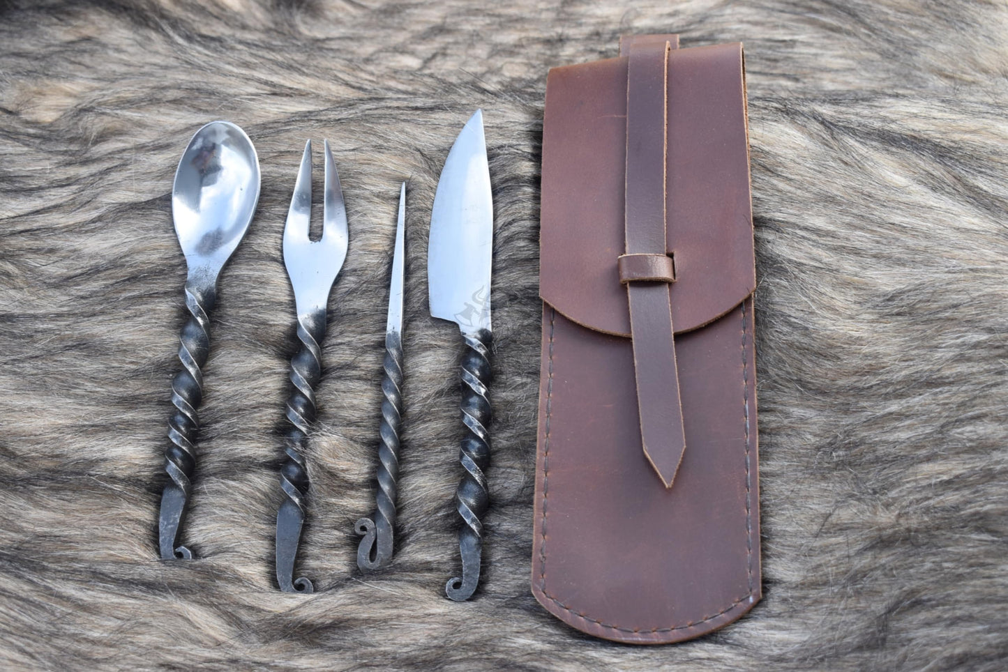 Viking Traders Hand Forged Twisted Medieval Eating Utensil Set | Functional Fork Knife Spoon And Food Stick | Medieval Eating Set, With Genuine Leather Carrying Pouch - Set 4