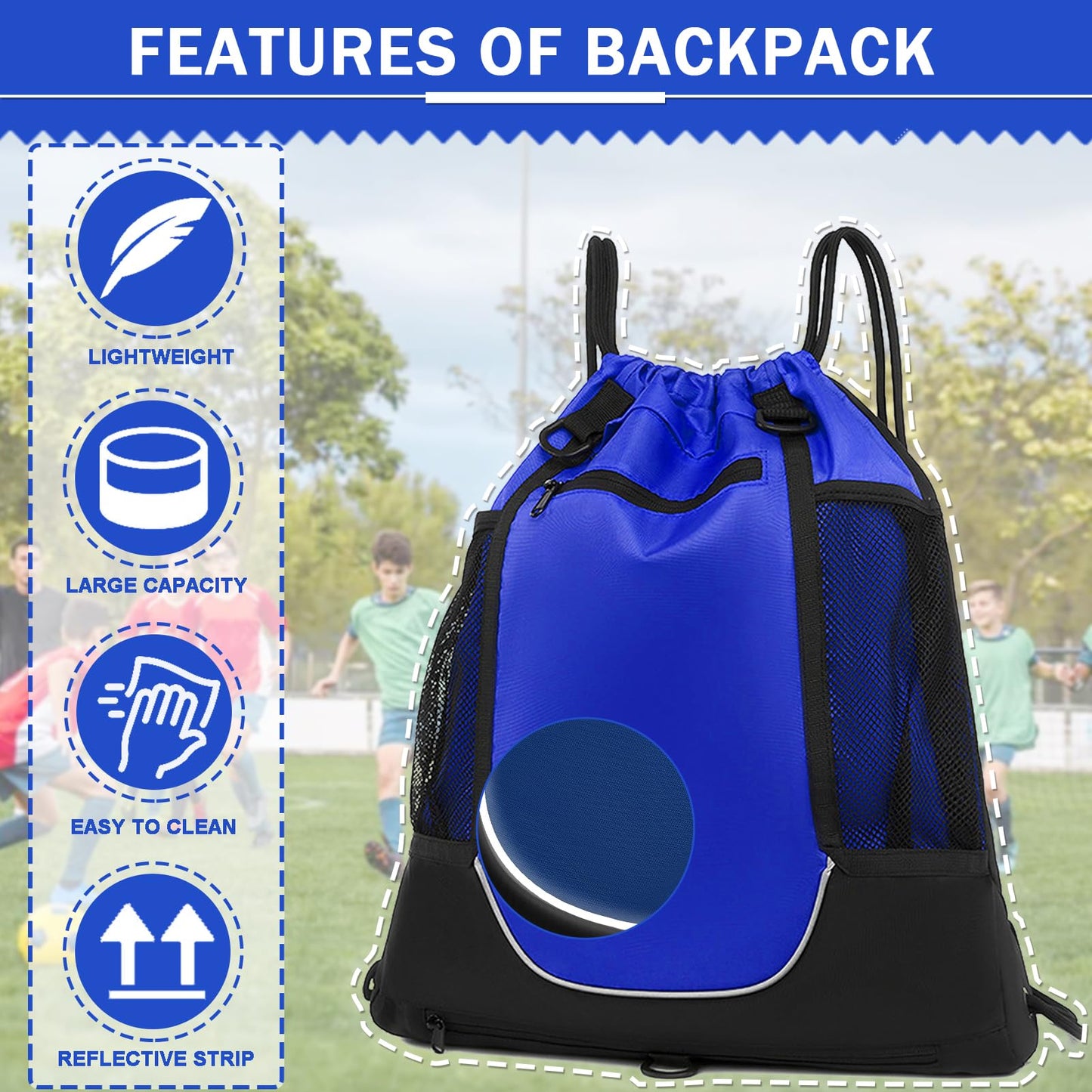 KAEGREEL Drawstring Soccer Bag Foldable Basketball Football Backpack Versatile Sports Bag with Detachable Ball Mesh Bag for Gym Volleyball Baseball Yoga, Blue