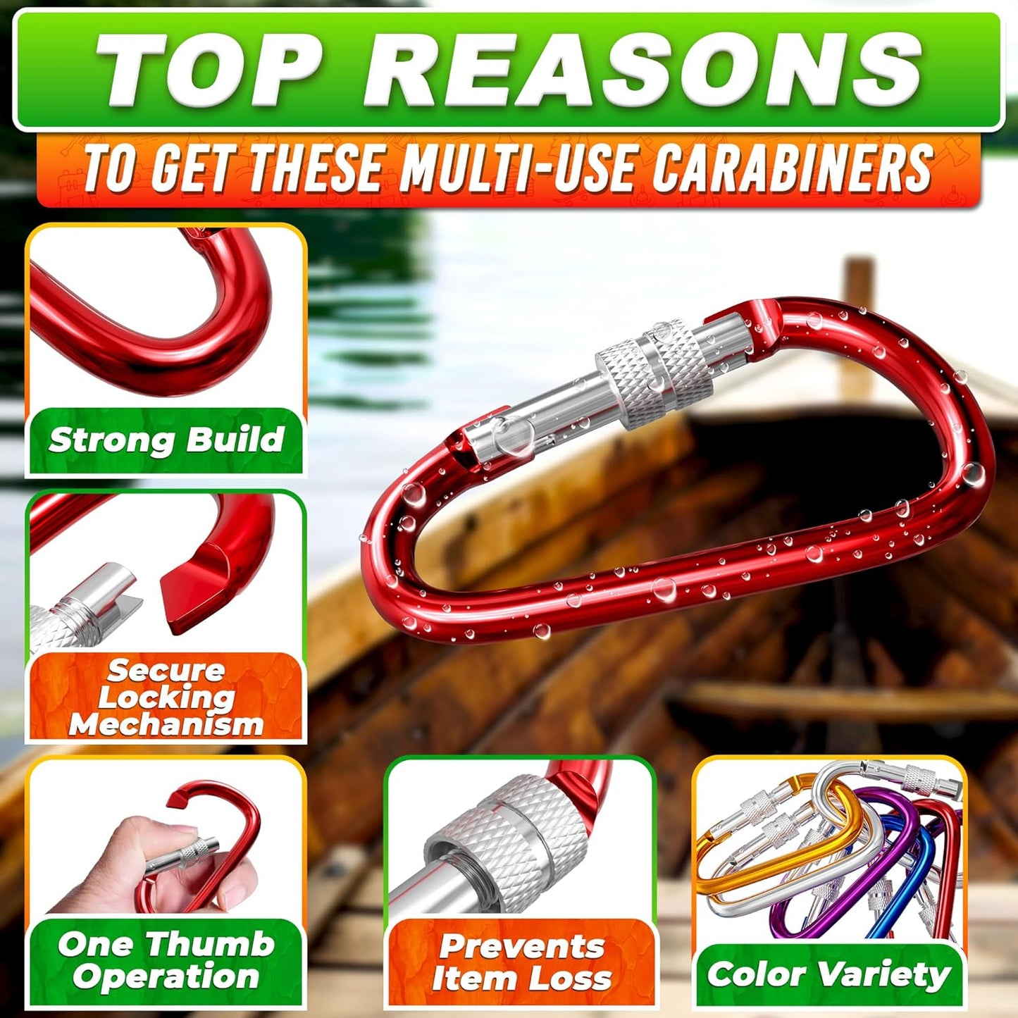 3 Inch Carabiner Clip with Screw Lock - 10 PCs Aluminum Locking Carabiner Clip, Multicolor (Red, Orange, Purple, Blue, White) D Ring for Backpack, Lightweight & Easy to Use, Cool for Camping & Hiking