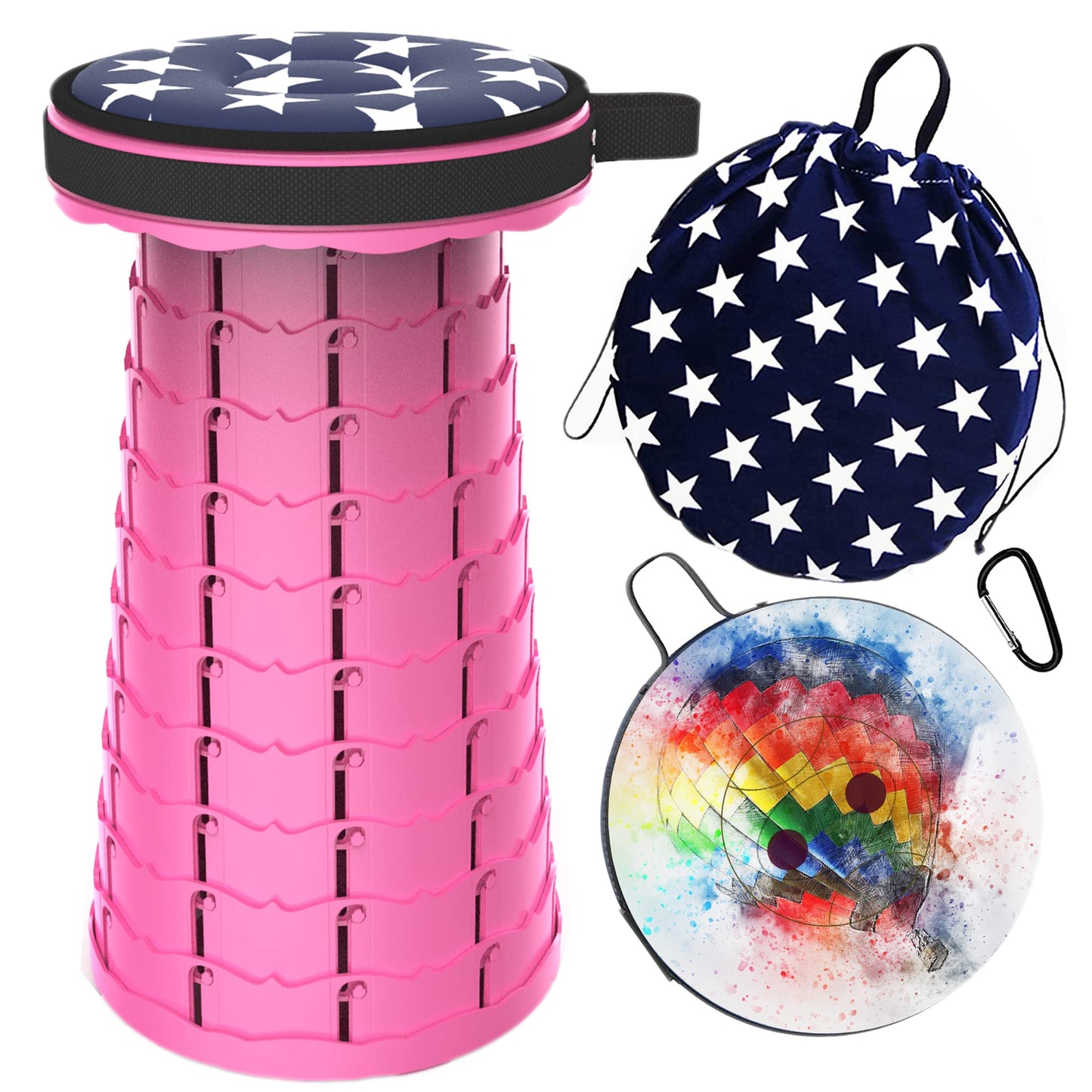 ALEVMOOM Upgraded Telescoping Collapsible Stool with Cushion, Folding Stool with Printing Portable Retractable Foldable Seat Max Load 550lbs for Adults Camping Fishing Outdoor