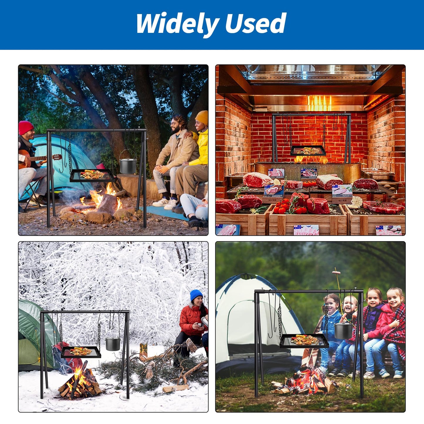 HONYTA Campfire Swing Cooking Grill Stand, Collapsible Campfire Cooking Rack with Adjustable Iron Grill Grate and Hooks for Outdoor BBQ Picnic Cookware Party Dutch Oven