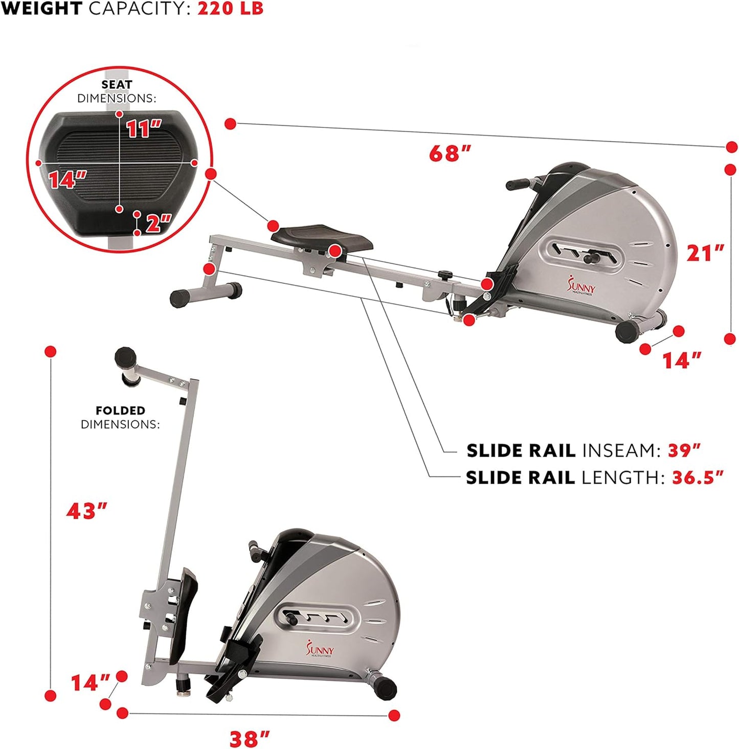 Sunny Health & Fitness Rowing Machine Rower Ergometer with Digital Monitor, Inclined Slide Rail, 220 LB Max Weight and Foldable - SF-RW5606