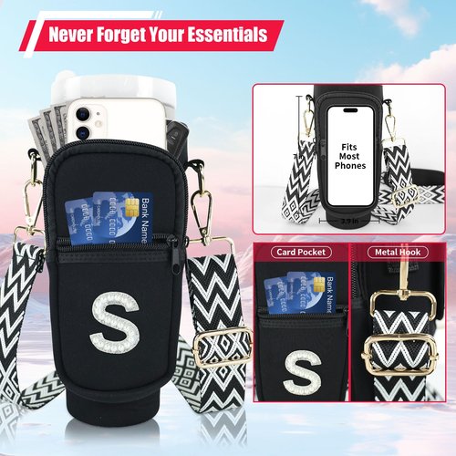 Initial A-Z Water Bottle Carrier Bag with Strap for Stanley 40oz Tumbler, Personalized Water Bottle Holder Pouch with Pearl Letter Phone Pocket for Stanley Cup Accessory Custom Gift for Women Black K