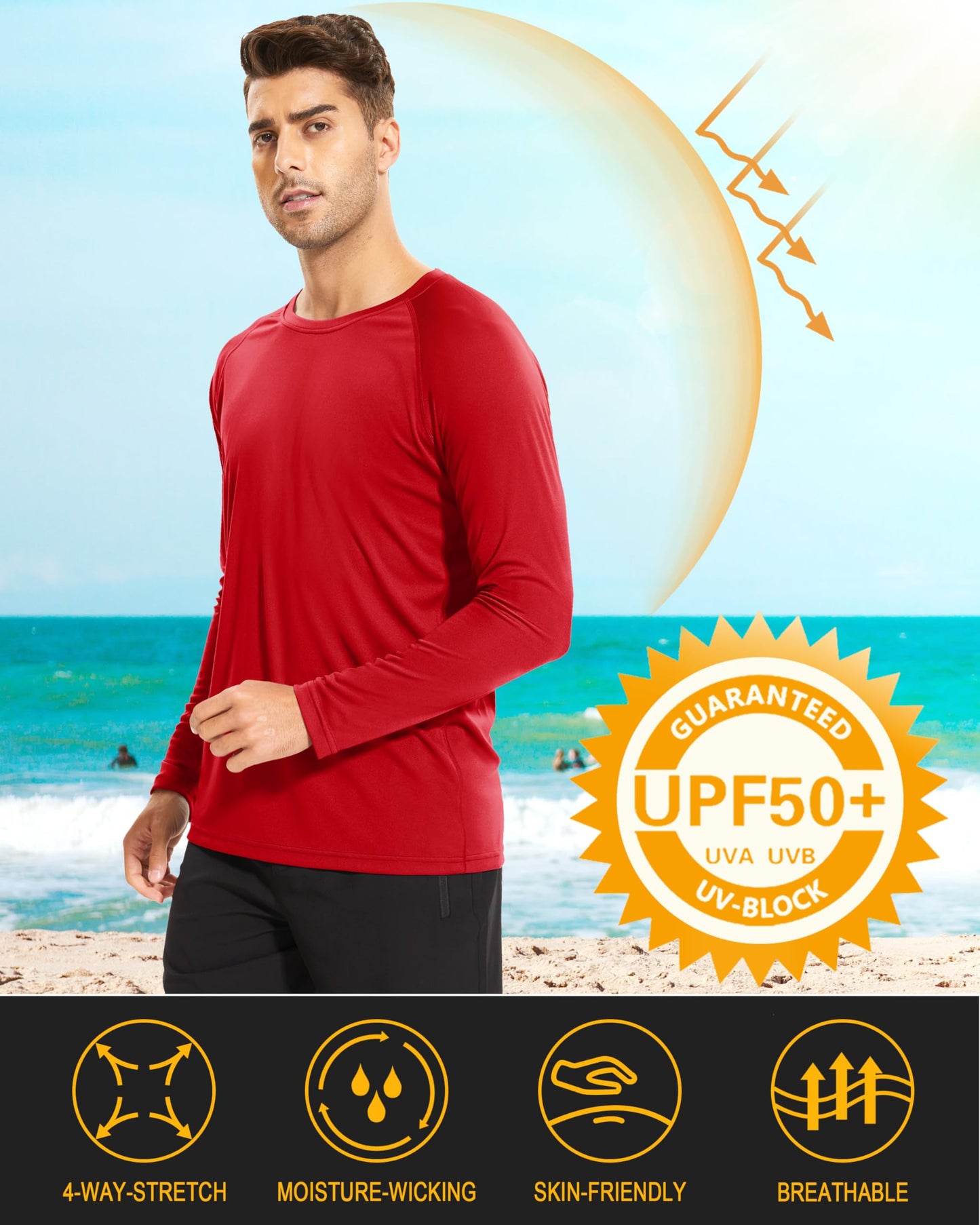 MAGCOMSEN Rash Guard Shirts Sun Protection Long Sleeve Shirt for Men Quick Dry UV UPF50 SPF Athletic Swim teeTomato, 3XL